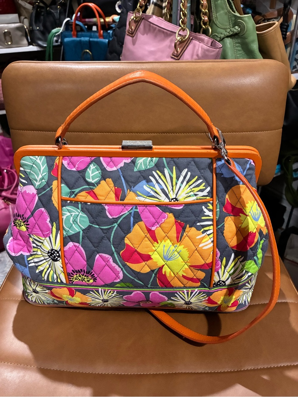 Vera Bradley Kisslock in Floral Quilted Top-Handle Satchel with Orange Trim set